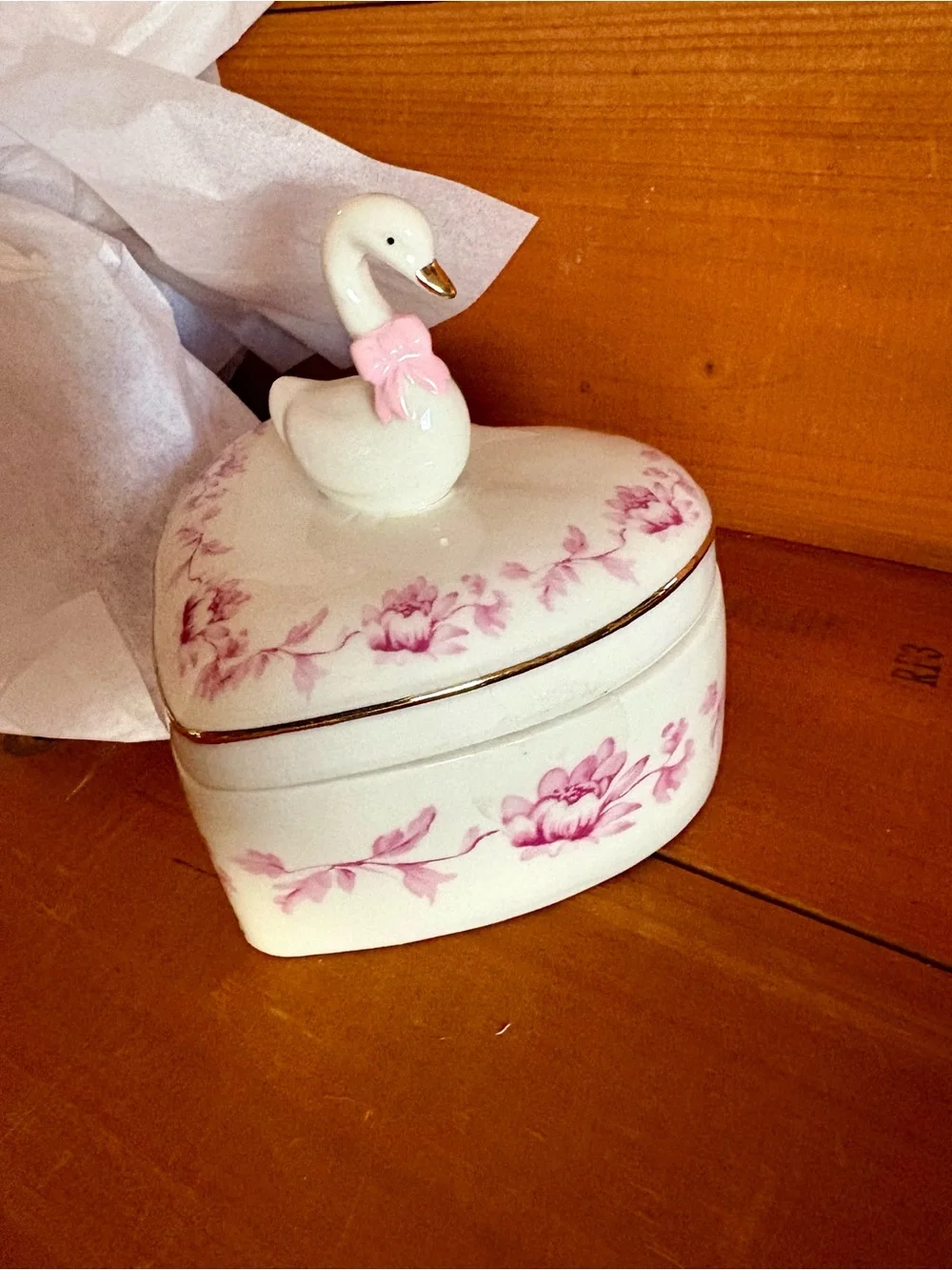 Porcelain Swan Heart Jewelry Trinket With Gift Box, Pink Floral Romantic Gift